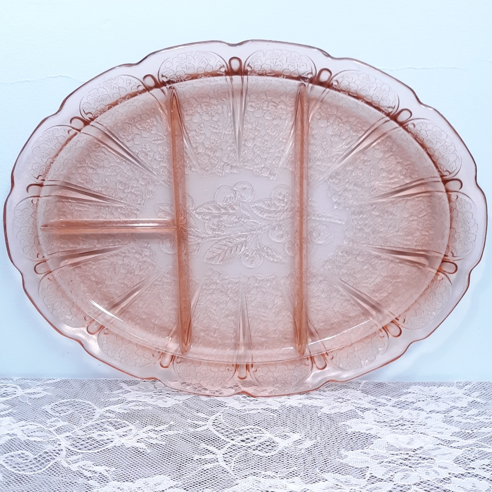 Large 1930s Jeanette Cherry Blossom Pink Depression Glass Divided Oval Platter